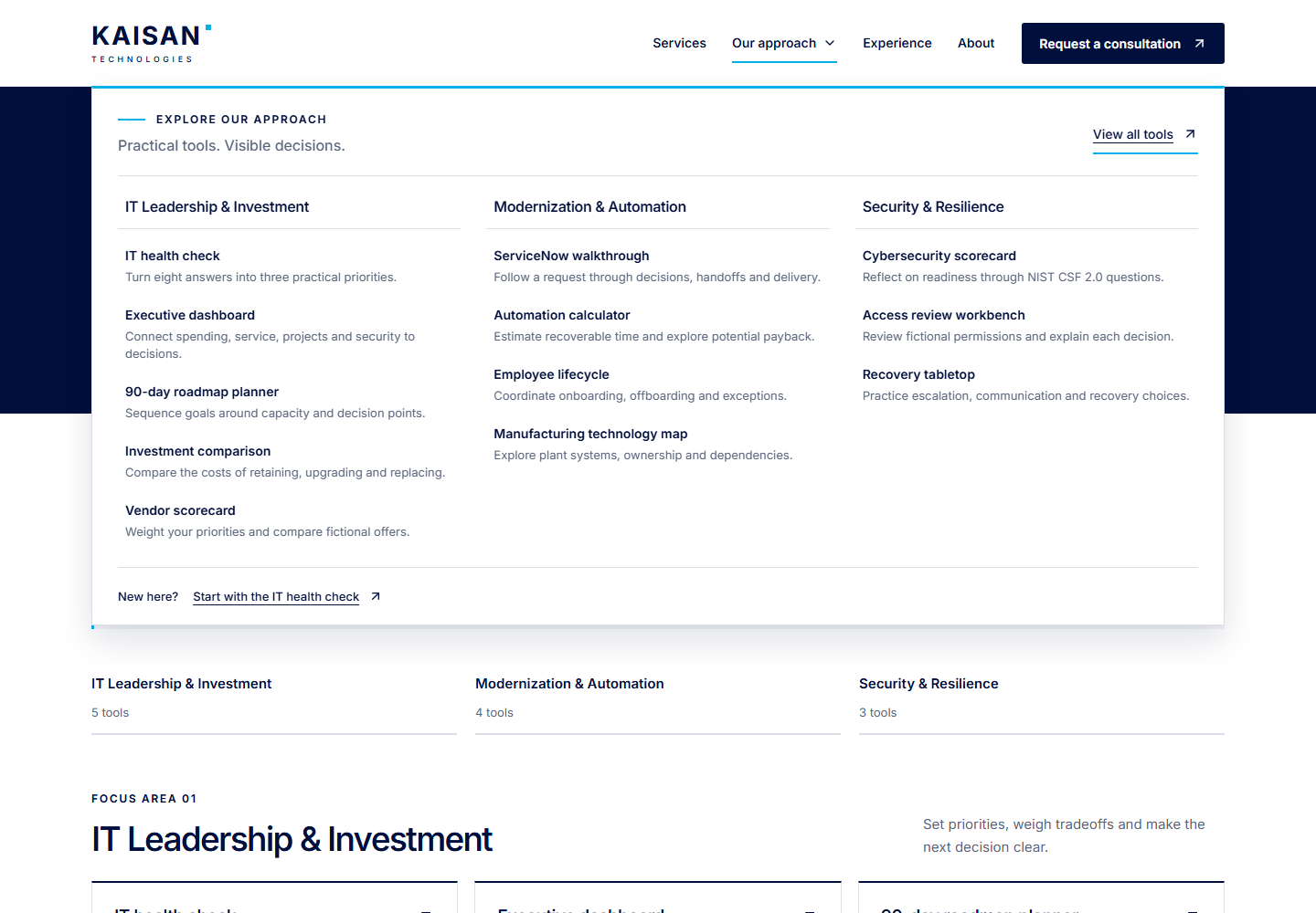 KAISAN’s grouped desktop navigation showing IT Leadership and Investment, Modernization and Automation, and Security and Resilience.